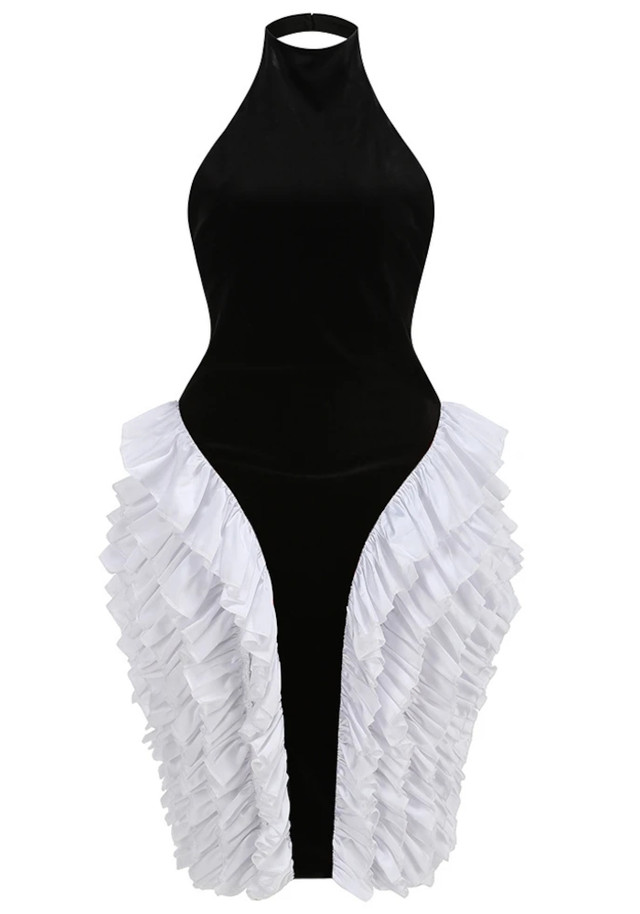 Halter Ruffle Velvet Midi Dress Black White