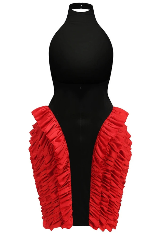 Halter Ruffle Velvet Midi Dress Black Red