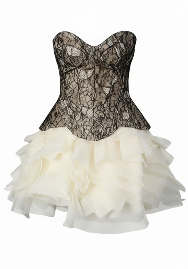 Strapless Lace Corset Ruffle Two Piece Dress Black Ivory