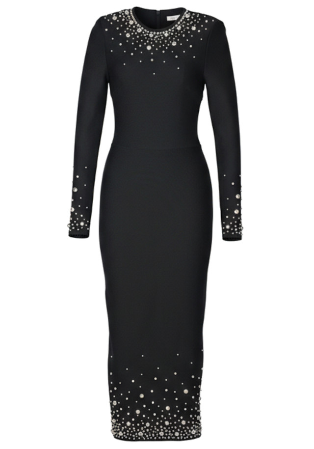 Long Sleeve Crystal Midi Dress Black
