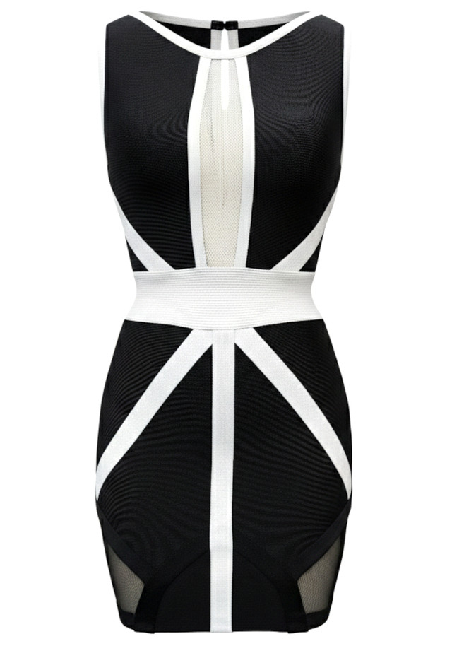 Mesh Insert Colorblock Dress Black White