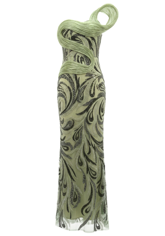 Strapless Crystal Sequin Maxi Dress Green