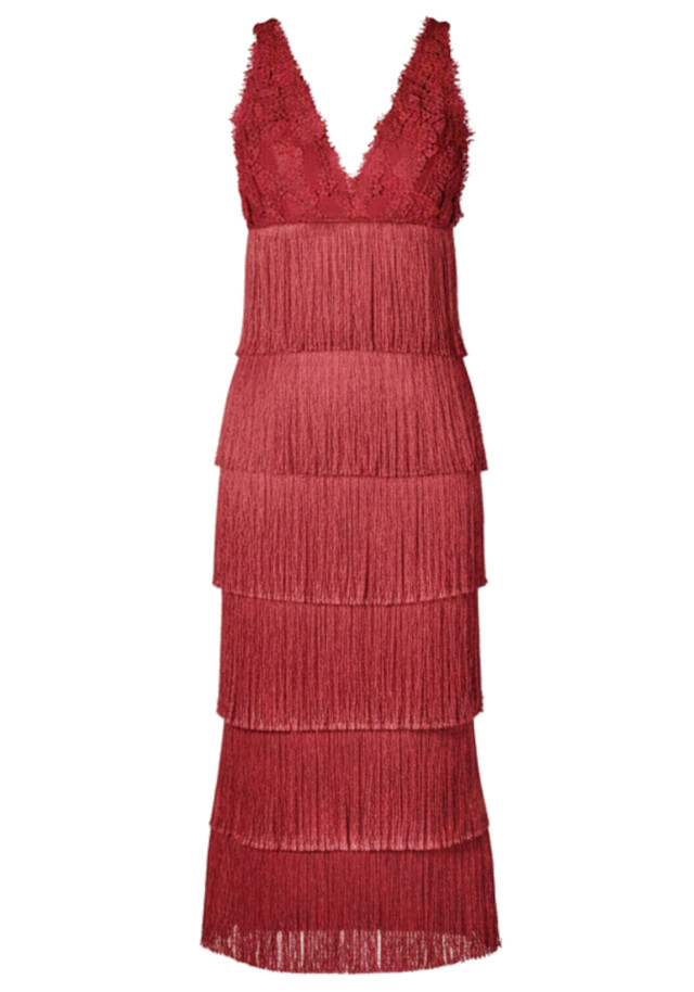 Lace Bustier Tassel Midi Dress Red