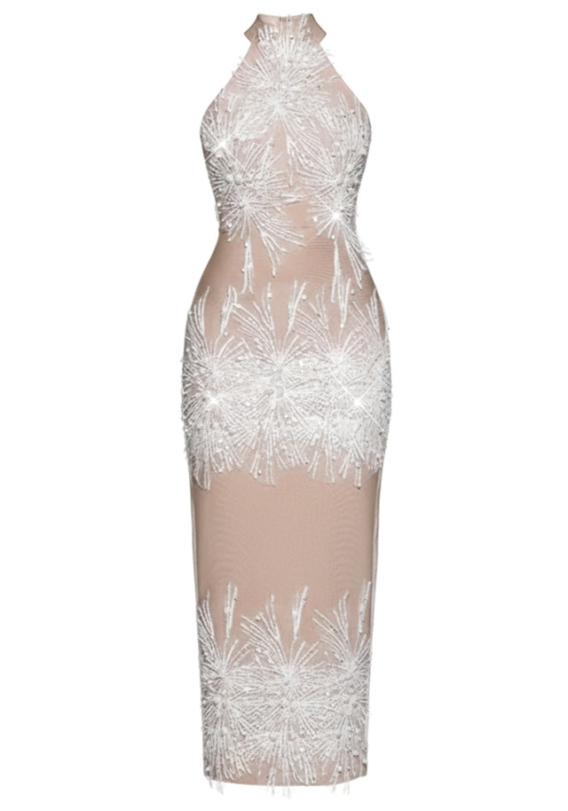 Pearl Sequin Embellished Midi Dress Nude White