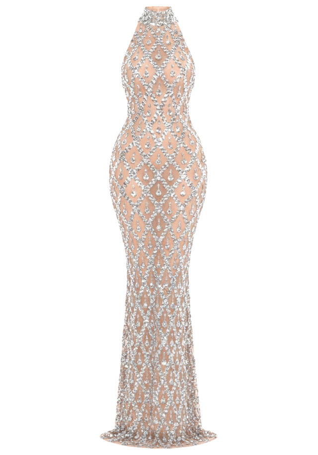 Halter Crystal Embellished Maxi Dress Nude