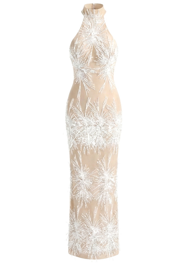 Halter Pearl Sequin Embellished Maxi Dress Nude