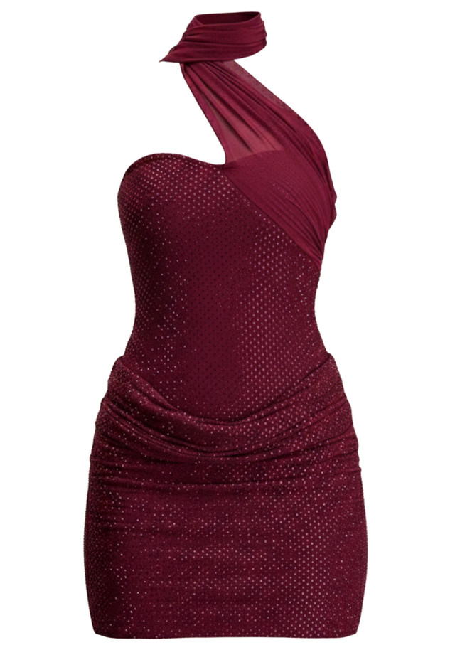 Halter Scarf Draped Sparkly Dress Burgundy