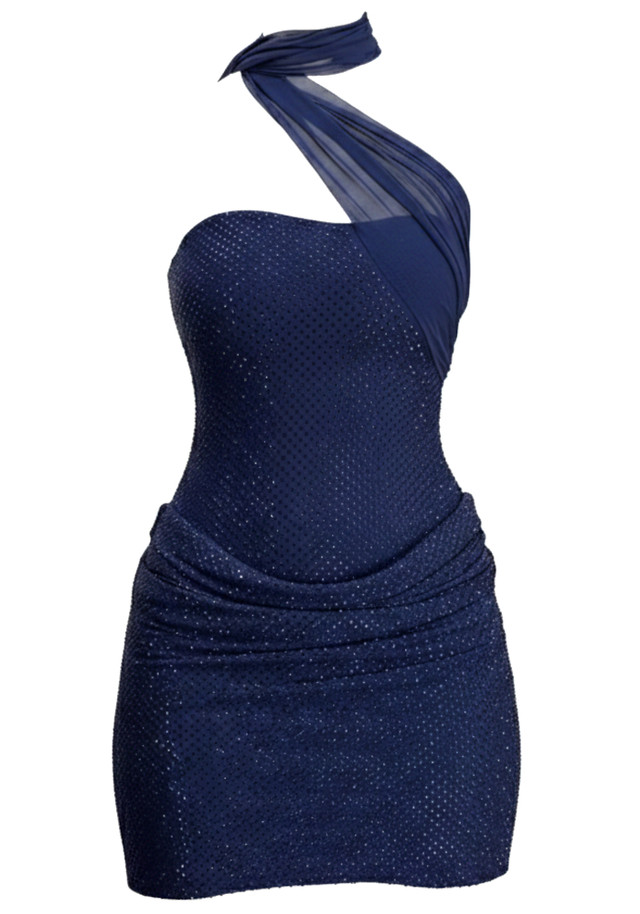 Halter Scarf Draped Sparkly Dress Blue