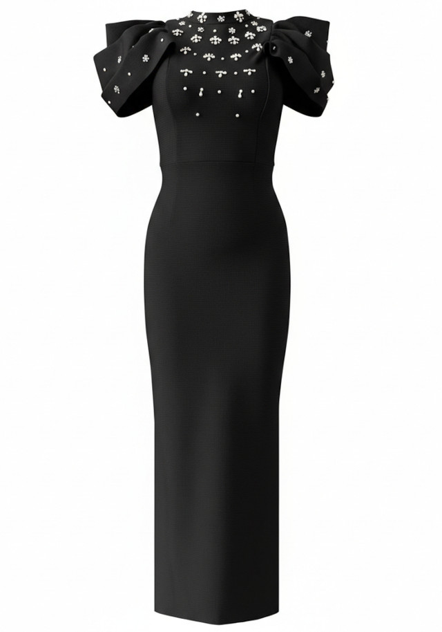 Draped Short Sleeve Crystal Maxi Dress Black