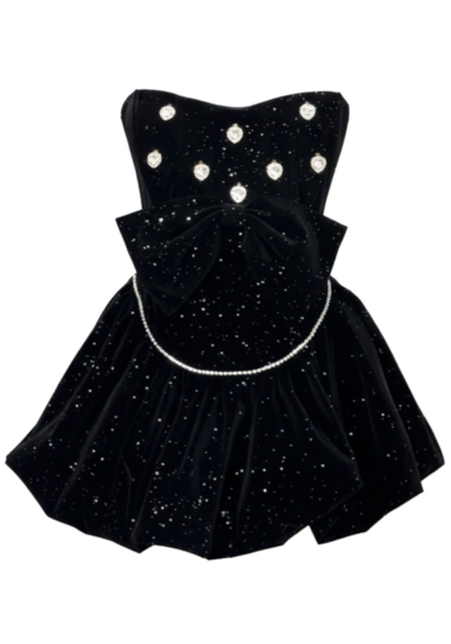 Strapless Sparkly Corset Bubble Velvet Dress Black