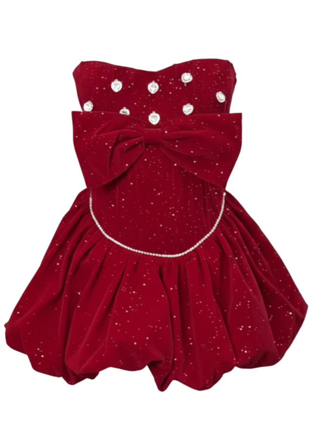 Strapless Sparkly Corset Bubble Velvet Dress Red
