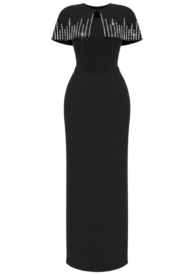 Crystal Cape Detail Maxi Dress Black