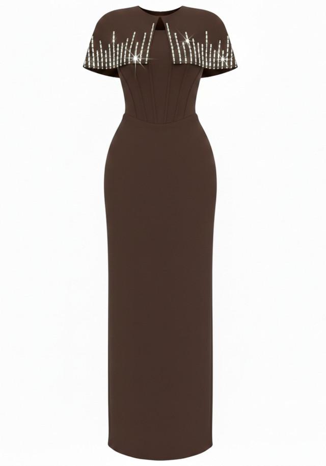 Crystal Cape Detail Maxi Dress Brown