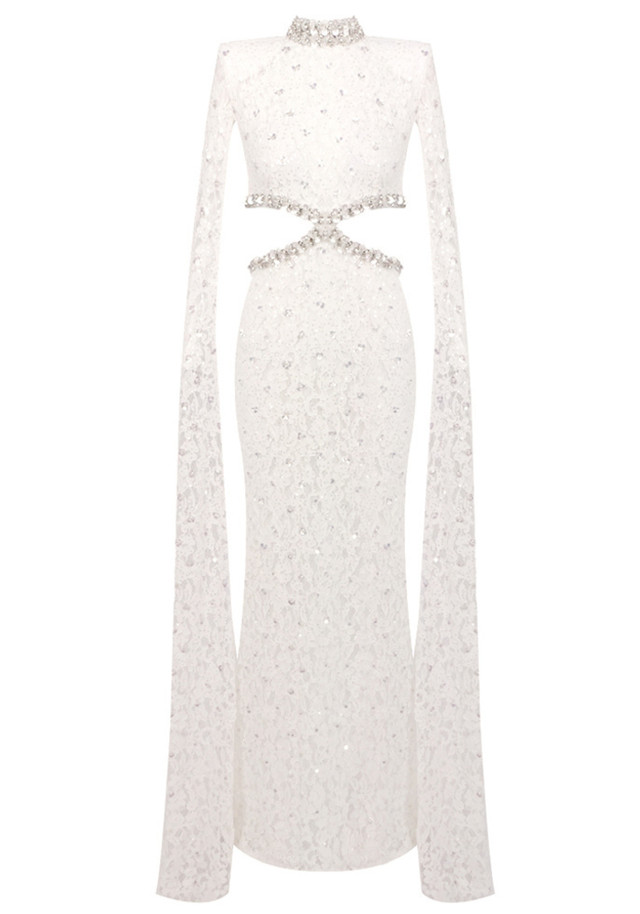 Cape Sleeve Crystal Lace Maxi Dress White