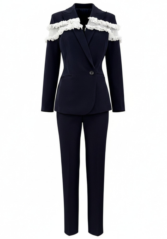 Frayed Ruffle Detail Suit Navy Blue