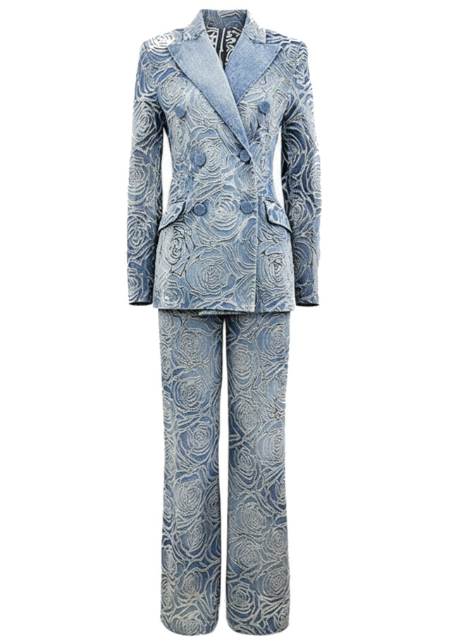 Floral Denim Suit Blue