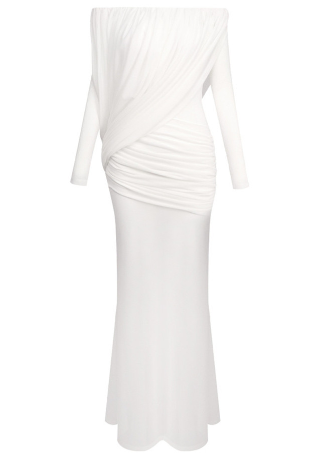Long Sleeve Draped Bardot Maxi Dress White