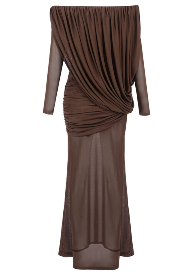 Long Sleeve Draped Bardot Maxi Dress Brown