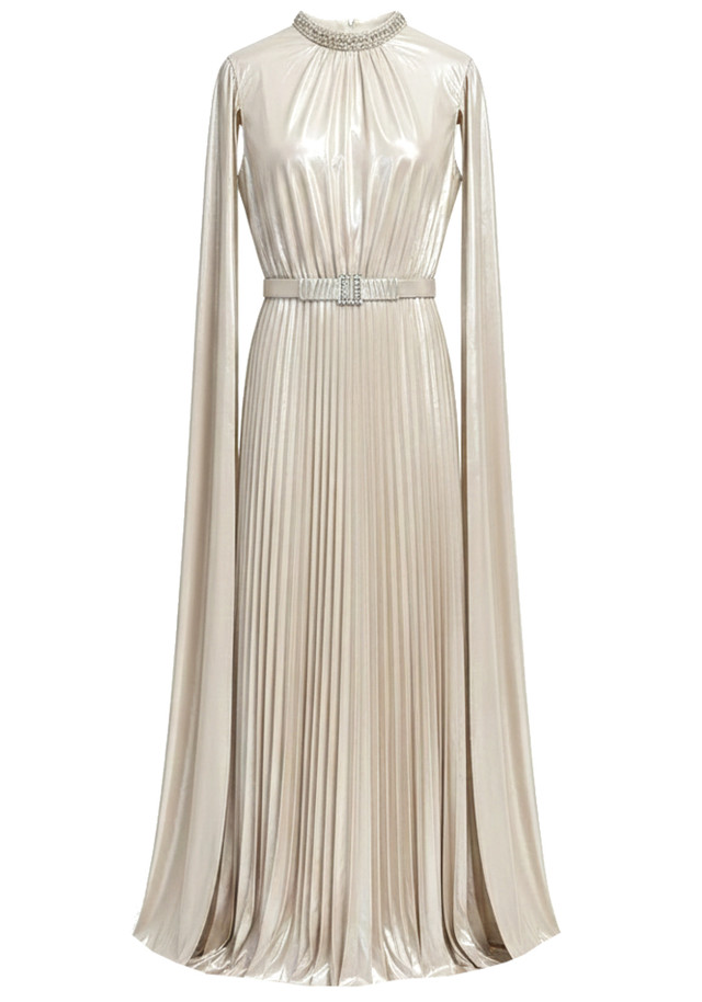 Cape Sleeve Pleated Maxi Dress Champagne
