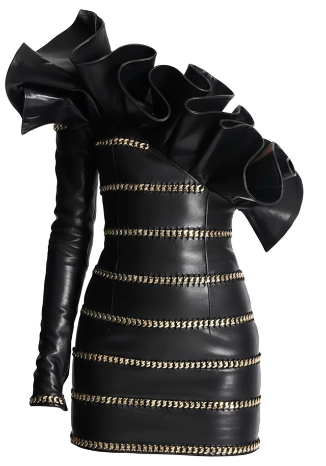 One Sleeve Ruffle Chain Detail Faux Leather Dress Black