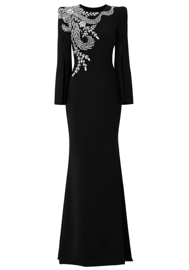 Long Sleeve Crystal Floral Maxi Dress Black