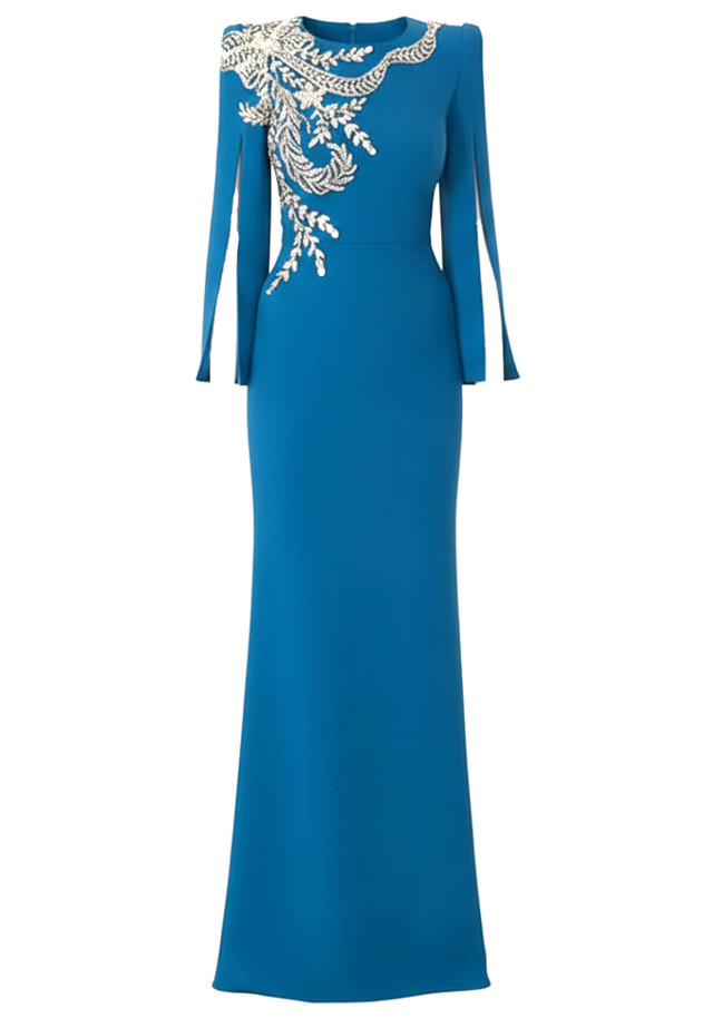 Long Sleeve Crystal Floral Maxi Dress Turquoise