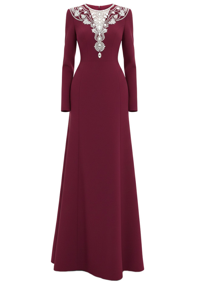 Long Sleeve Crystal Pearl Maxi Dress Burgundy