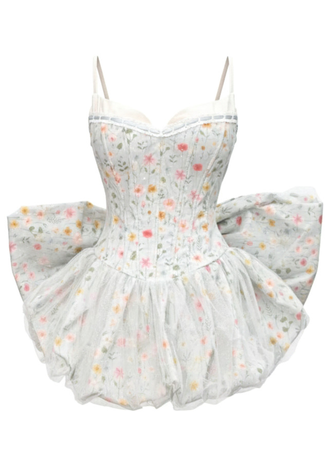 Floral Bow Detail Corset Bubble Dress Light Blue