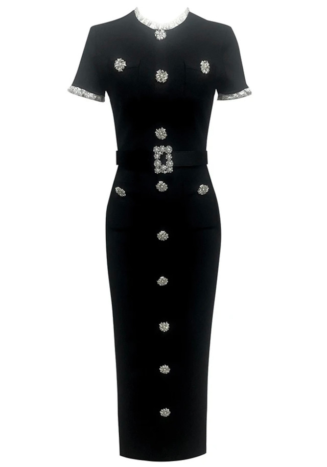 Short Sleeve Crystal Button Midi Dress Black