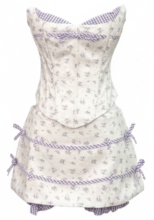 Strapless Floral Corset Two Piece Dress Ivory Purple