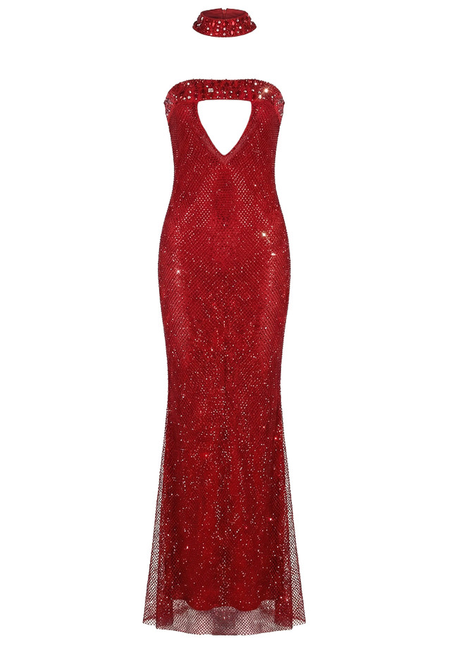 Strapless Crystal Sparkly Maxi Dress Red