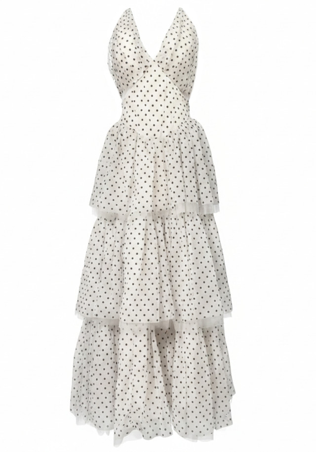Halter Polka Dot Ruffle Maxi Dress White