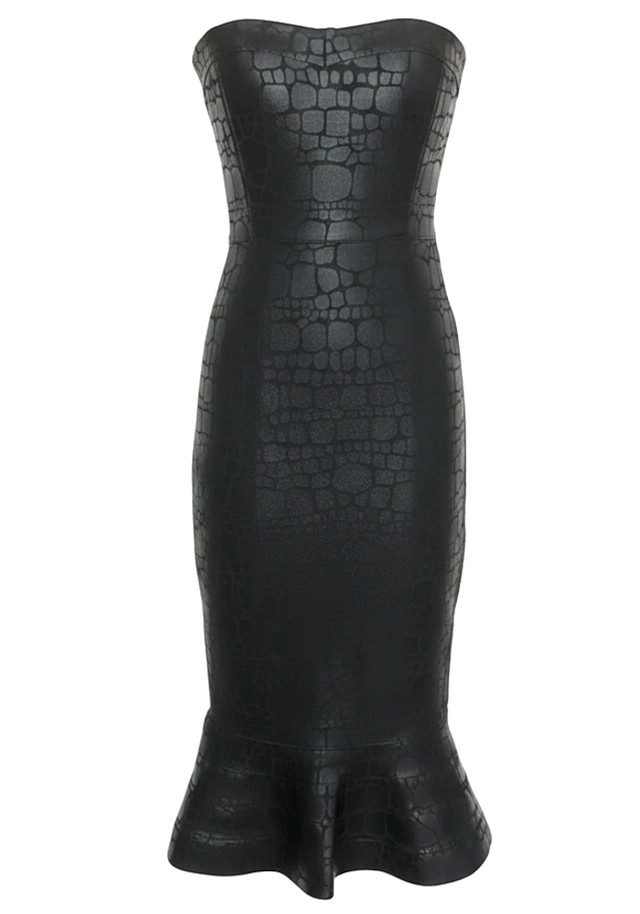 Strapless Fluted Midi Dress Black