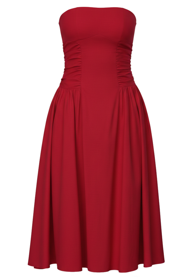 Strapless Ruched Detail A Line Midi Dress Red