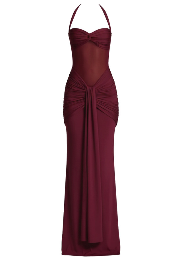 Halter Mesh Insert Draped Maxi Dress Burgundy