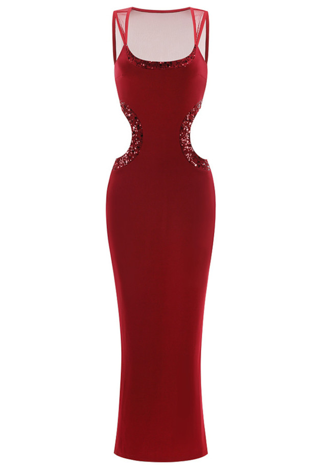 Mesh Sequin Cut Out Maxi Dress Red