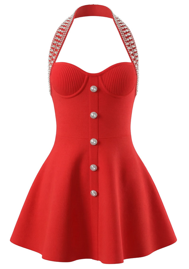 Halter Crystal A Line Dress Red