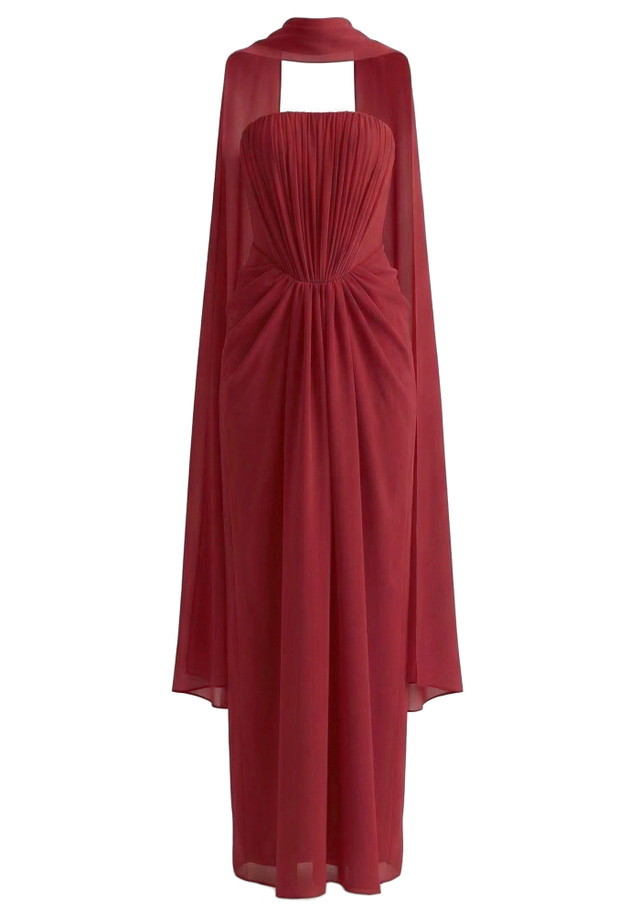 Strapless Draped Maxi Dress Dark Red