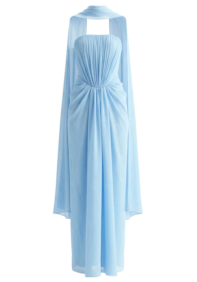 Strapless Draped Maxi Dress Light Blue