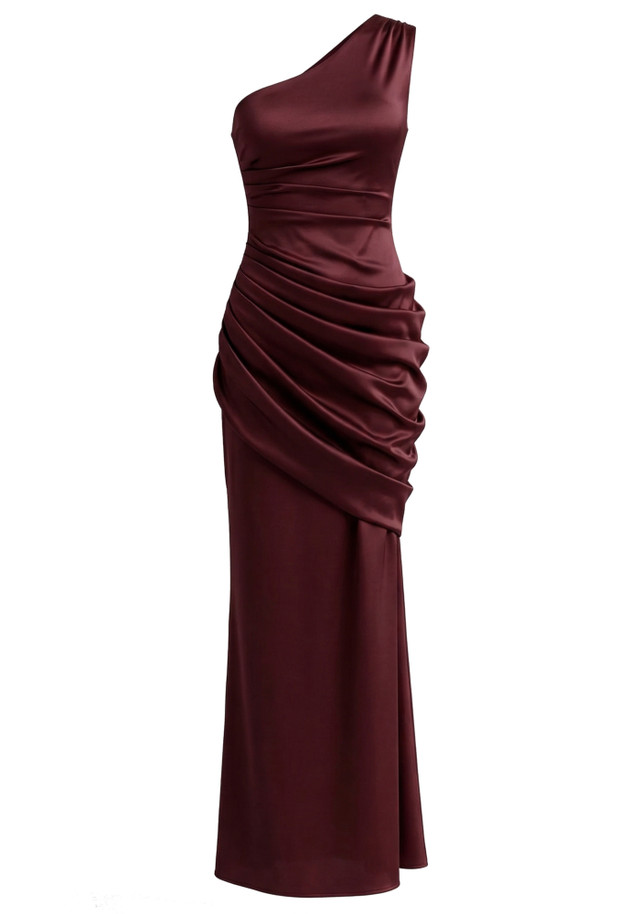 One Shoulder Draped Maxi Dress Burgundy