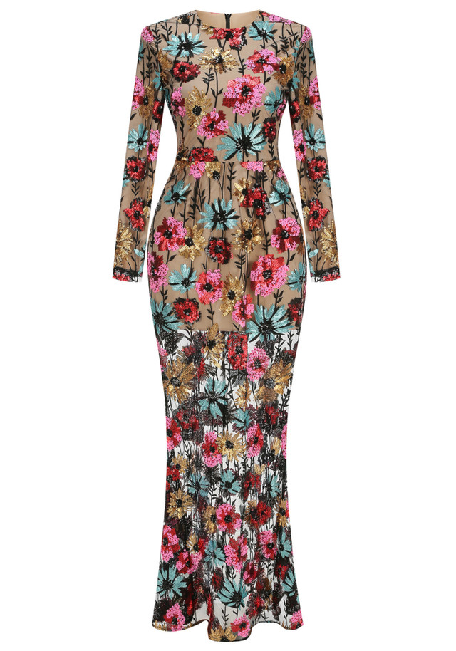Long Sleeve Floral Embroidered Maxi Dress Black