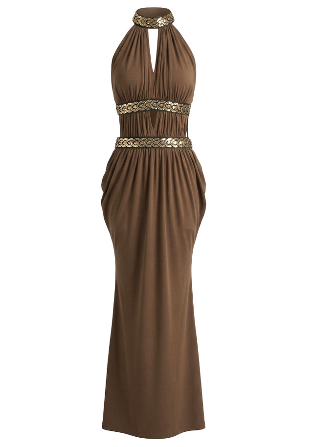 Halter Sequin Detail Draped Maxi Dress Brown