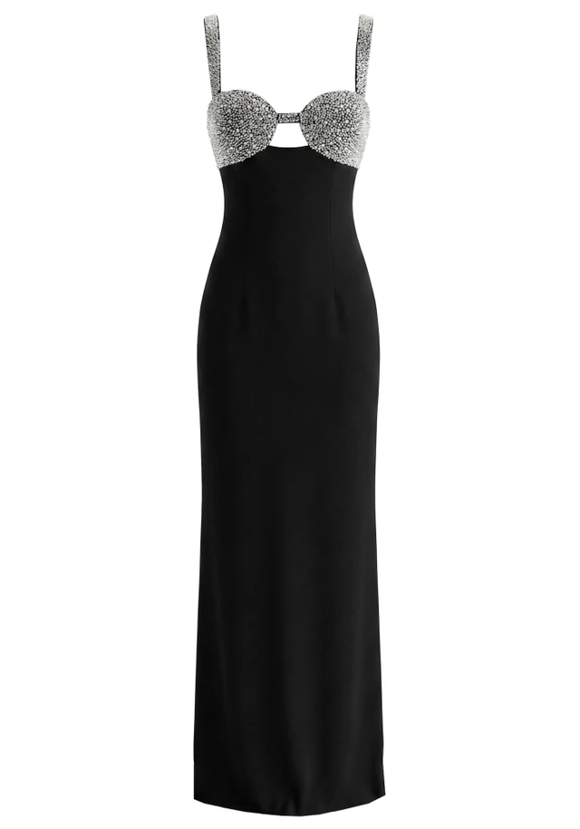Crystal Embellished Bustier Maxi Dress Black
