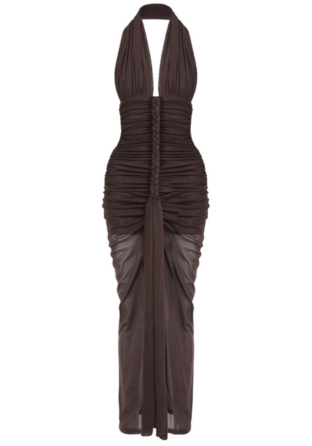 Halter Braid Detail Ruched Maxi Dress Brown