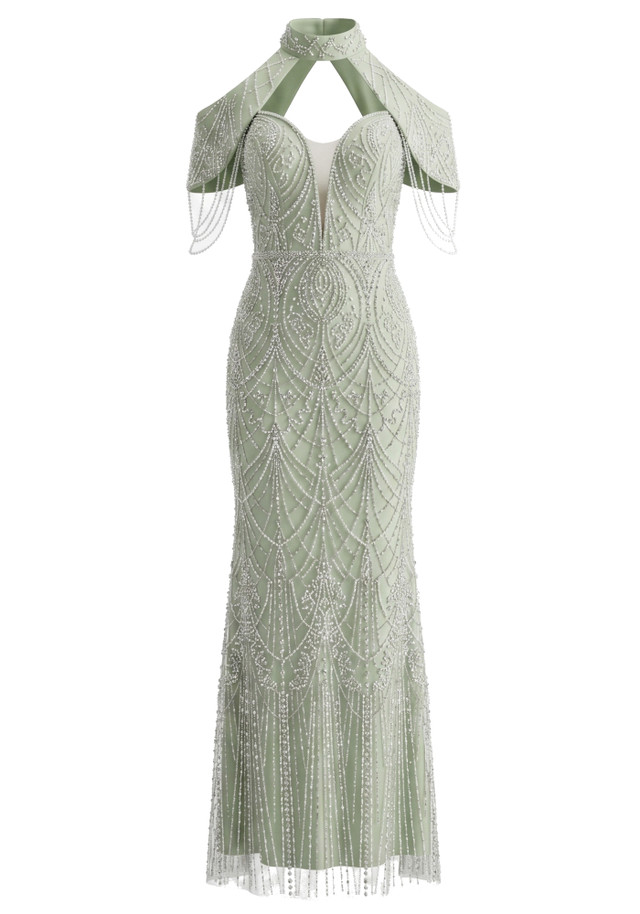 Cold Shoulder Crystal Pearl Maxi Dress Green
