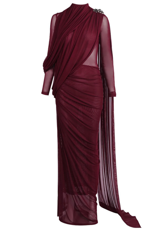 Long Sleeve Draped Mesh Maxi Dress Burgundy