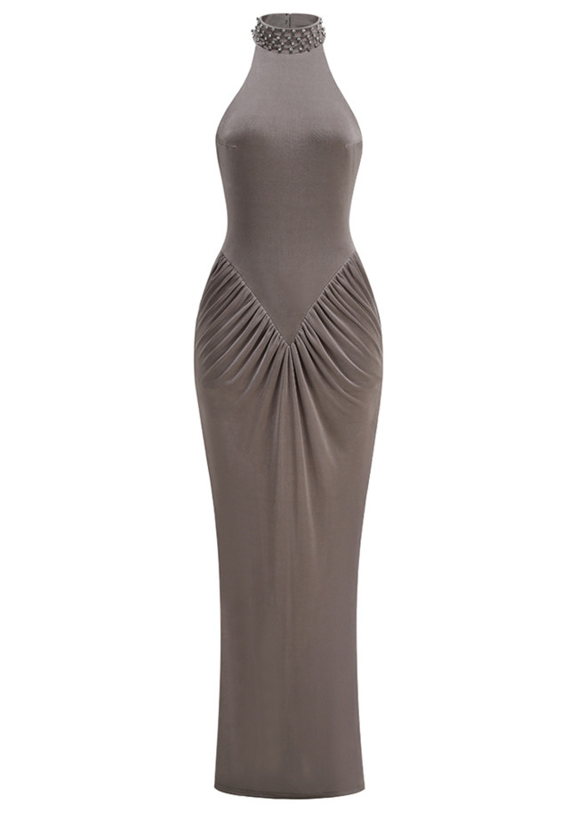 Halter Draped Maxi Dress Grey