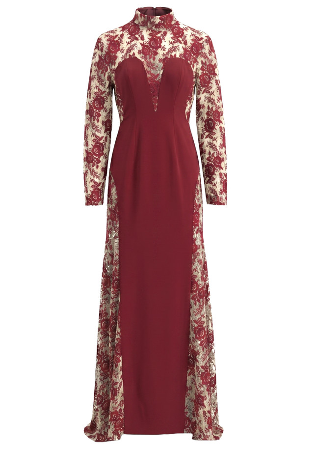 Long Sleeve Floral Lace Maxi Dress Burgundy