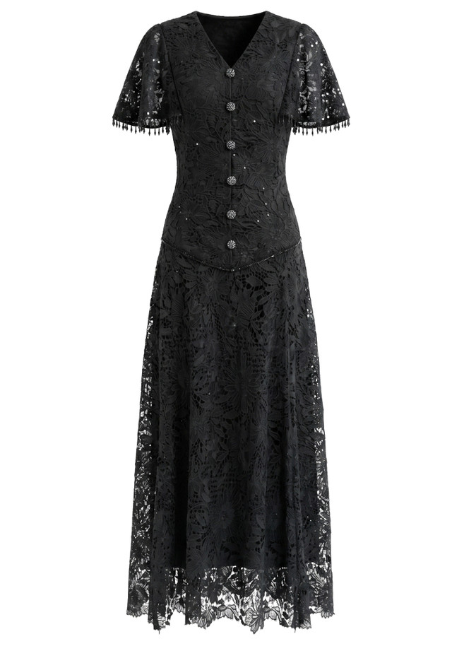 Short Sleeve Corset A Line Crochet Maxi Dress Black