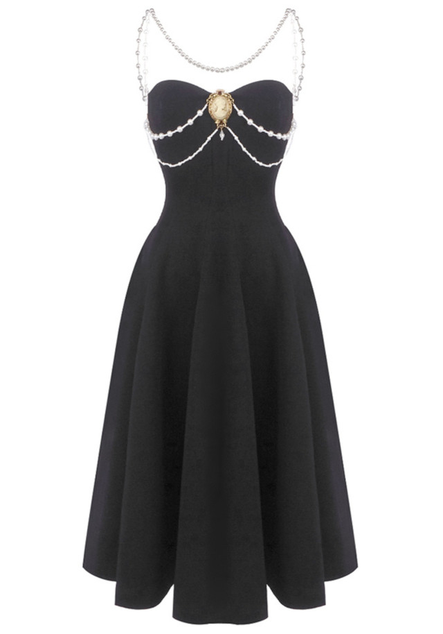 Pearl Detail Strapless A Line Midi Dress Black